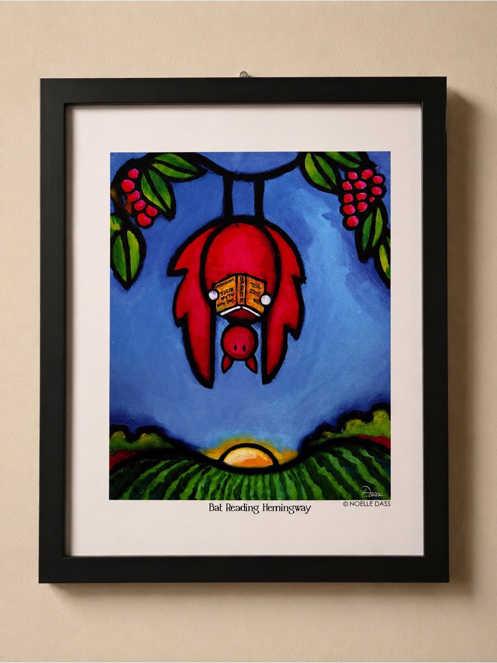 Noelle Dass "Bat Reading Hemingway" Art Print 8x10 Signed Wall Decor New
